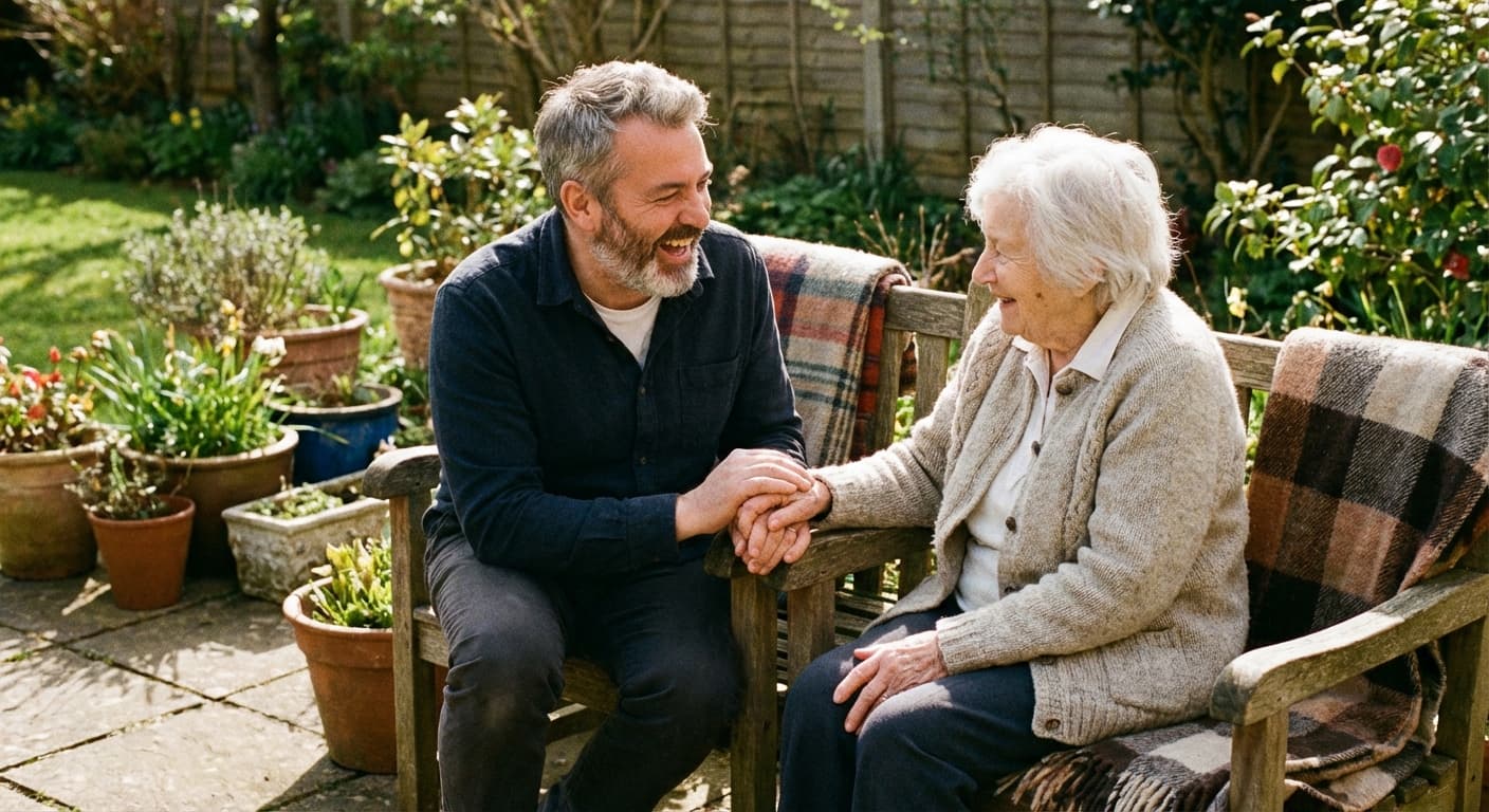 A son sitting on a garden bench with his elderly mother, holding her hand and sharing a warm laugh together